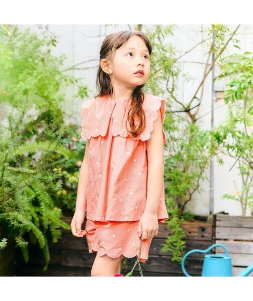 【キッズ 100cm】アプレレクール ハート刺繍スカラップブラウス 夏服 ピンク 女の子