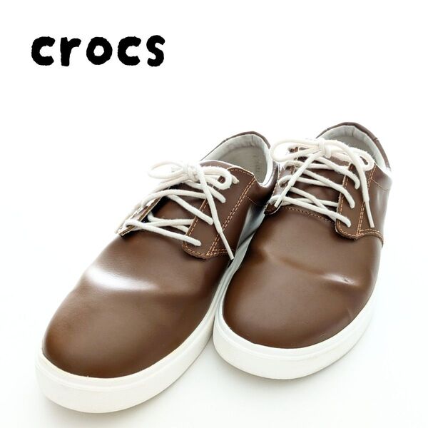 SALE【 crocs 】 中古品 25cm レザーシューズ ブラウン クロックス靴 紐ホツレありcrocsメンズ メンズシューズ