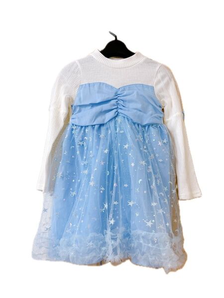 新品タグ付きkaramell KAKA ワンピース サックス 120女の子 ワンピース 女の子 長袖 キッズ レース チュール