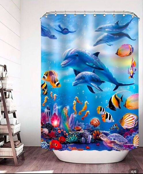 【新品】シャワーカーテン 海中 イルカ ウミガメ 熱帯魚柄 幅120㎝長さ180㎝