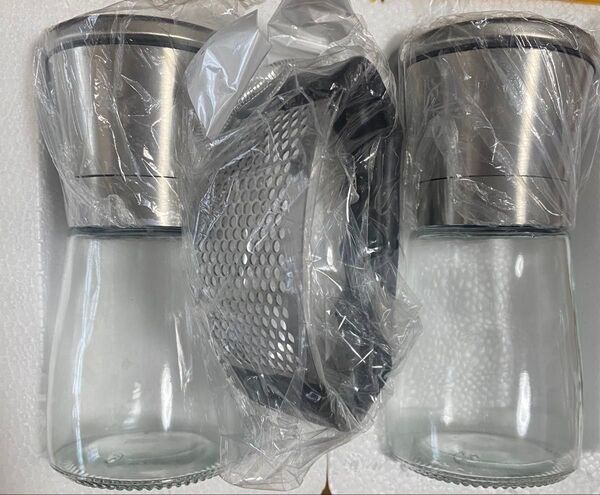 スパイスミル 調味料入れ キッチン用品 ガラス製 ステンレス製 ガーリックプレス(3点セット)