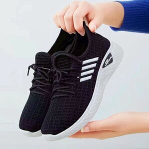 大人気!ウォーキングシューズ ブラック 24.5cm レディース スポーツ 軽量 ランニングシューズ スニーカー