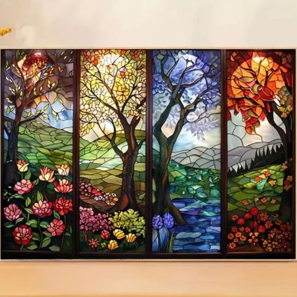 ダイヤモンドアートキット 未使用品 30×40cm ラウンド 四季 風景 ステンドグラス風【08】 アンティーク 花