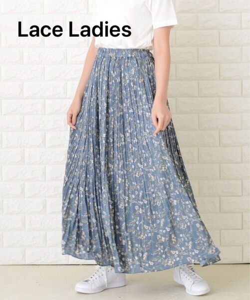 【Lace Ladies】花柄 細プリーツ ロング フレア スカート ブルー