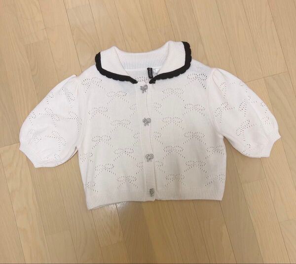 H&M 半袖ニットカーディガン リボン オフホワイト