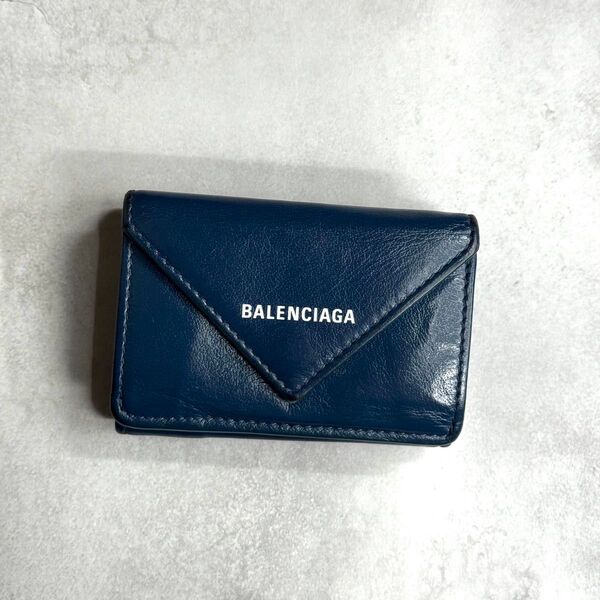 BALENCIAGA バレンシアガ / ペーパーミニウォレット 三つ折り財布 ミニ財布 レザー ネイビー ペーパー エブリデイ
