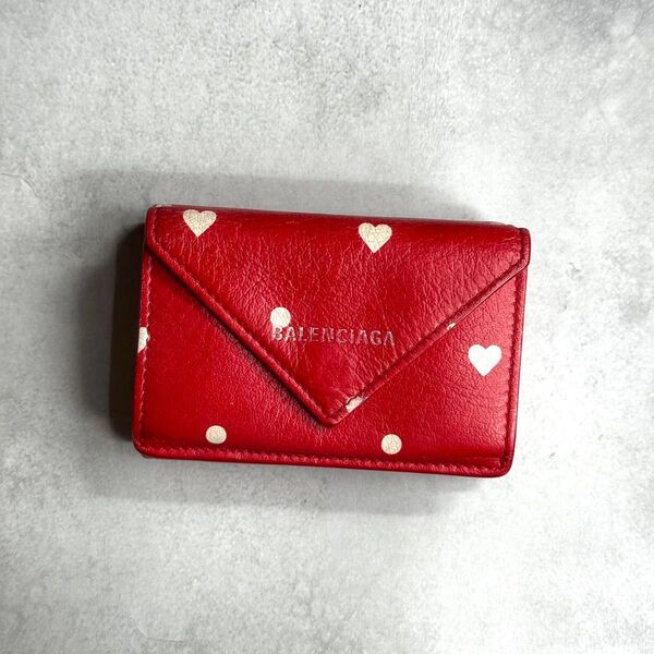 【希少品】 BALENCIAGA バレンシアガ / プリントペーパーミニウォレット 三つ折り財布 レザー レッド ドット ハート