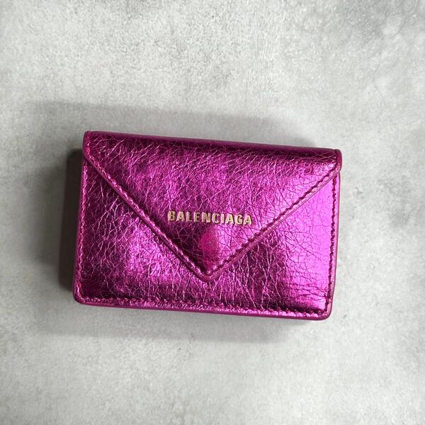 BALENCIAGA バレンシアガ / メタリックペーパーミニウォレット 三つ折り財布 ミニ財布 クラッシュレザー ピンク