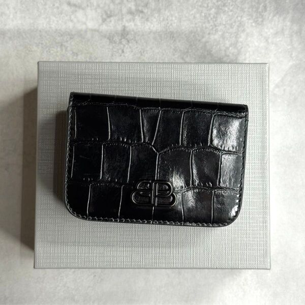 【希少/美品】 BALENCIAGA バレンシアガ / BBクロコトリフォールドウォレット 三つ折り財布 クロコ型押しレザー