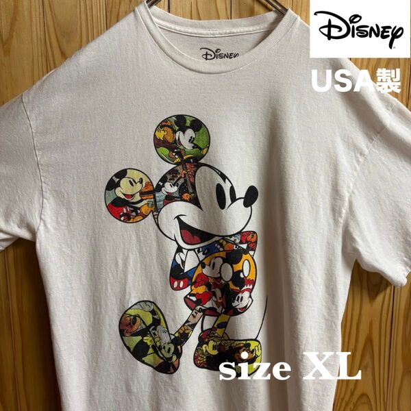 【古着】Disney(ディズニー)半袖Tシャツ XL 白 USA製 ヴィンテージ ミッキーマウス カラフル
