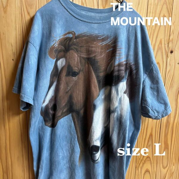 【古着】THE MOUNTAIN 半袖Tシャツ L 水色 アニマルTシャツ USA製 タイダイ アメリカ古着 馬
