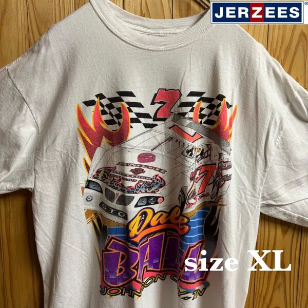 【古着】JERZEES(ジャージーズ) レーシング半袖Tシャツ XL 白 USA製 アメカジ 00's ヴィンテージ