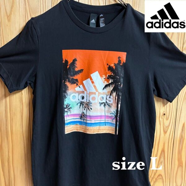 【古着】adidas(アディダス)半袖Tシャツ L 黒 前面プリント スポーツ 美品 アメカジ