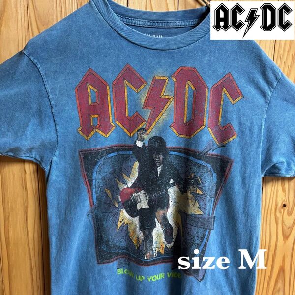 【古着】AC/DC(エーシーディーシー)半袖Tシャツ M ブルー メキシコ製 ヴィンテージ バンドTシャツ アメリカ古着