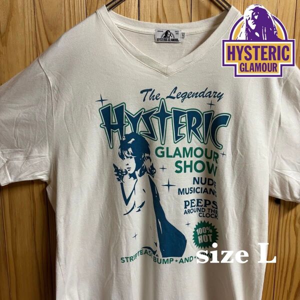 【古着】HYSTERIC GLAMOUR(ヒステリックグラマー)半袖Tシャツ L 白 希少Vネック 木村拓哉 プリント ヒスガール