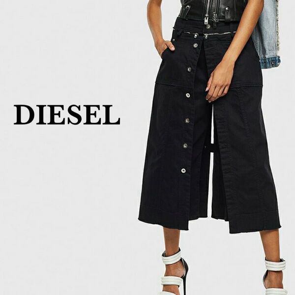 DIESELディーゼル☆レイヤード ワイドレッグパンツ クロップド 黒 リネン混 23 S