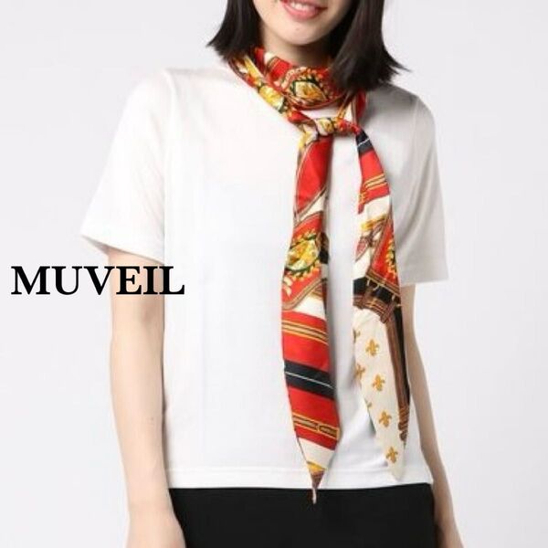 MUVEILミュベール☆衿スカーフTシャツ パールボタン リボン白 ホワイト36 S