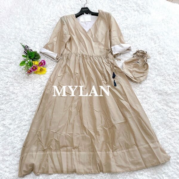 MYLANマイラン☆カシュクール クリンクルラップドレス ロングワンピースベージュ M 保存袋付きシルク混