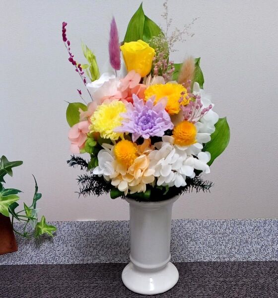 プリザーブドフラワー仏花 イエロー系 お供え花 お仏壇用 花器付き