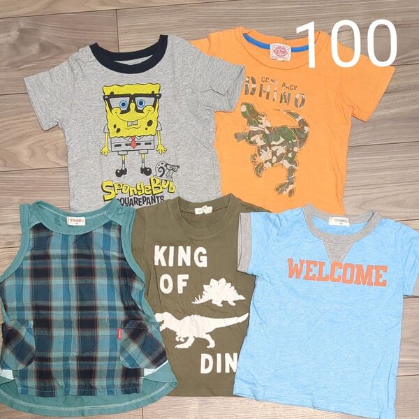 100cm 男の子 半袖Tシャツ タンクトップ 5枚セット スポンジボブ 恐竜 夏 まとめ売り