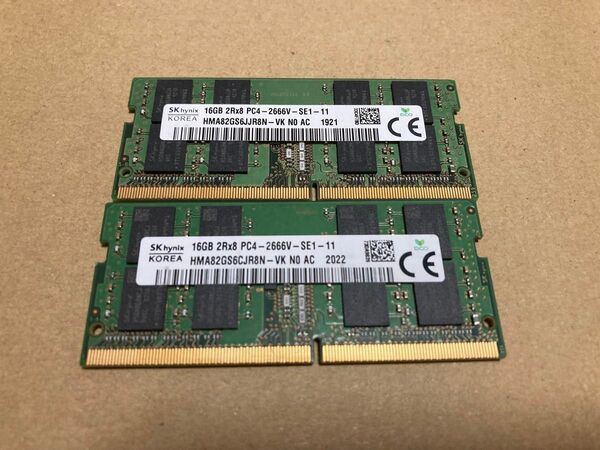 16GBx2枚 合計32GB DDR4 2666 PC4-21300 SK hynix ノートPC用メモリ 管理520WQD