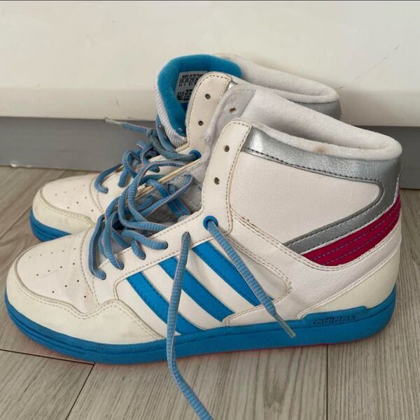 25cm!adidas ハイカットスニーカー ブルーピンク 可愛い