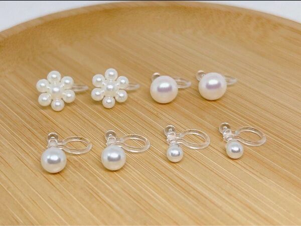 【627】樹脂パールノンホールピアス4ペア アレルギー対応イヤリング シンプルデザイン オケージョン セレモニースタイル フラワー