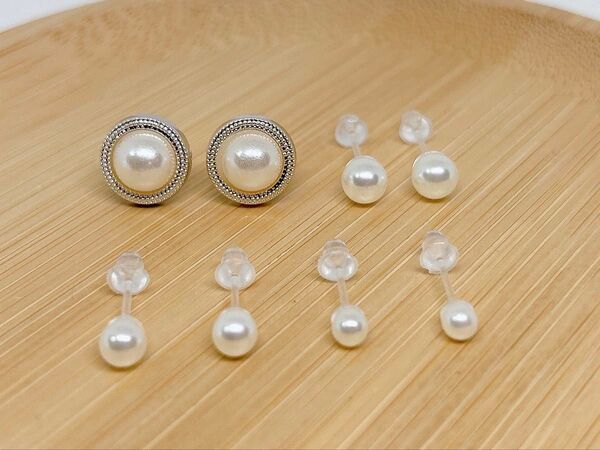 【625】パール系樹脂ピアス4ペア アレルギー対応 ポストピアス シンプル一粒デザイン オケージョン お呼ばれ