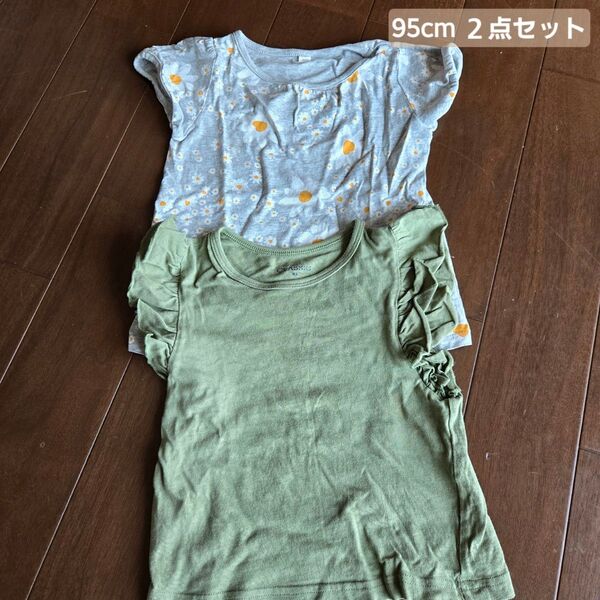 95cm Tシャツ ベビー キッズ 2点セット 花柄 カーキ 袖フリル