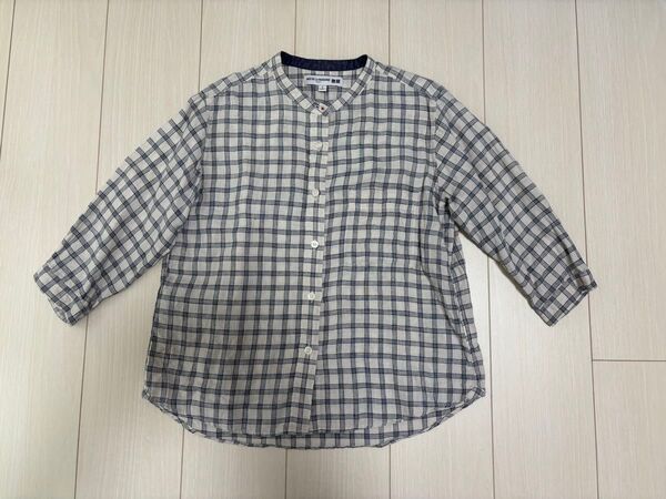 【ユニクロ】INES DE LA FRESSANGE・ベージュx黒チェックの七分袖リネンシャツ・サイズS