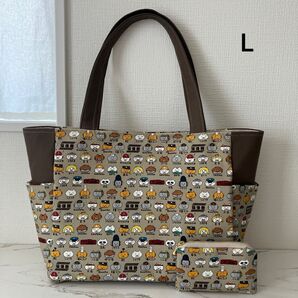コットンこばやし キャラ猫 モカ サイドポケット付きトートバッグL&ミニポーチ ハンドメイド