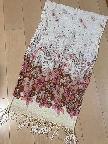 花柄ストール ピンク×ブラウン フリンジ付き