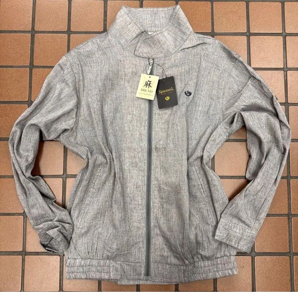 新品☆未使用【サイズL☆麻入り】メンズアウター メンズブルゾン 艶感 グレー系 作業着 ジッパー付 春夏に最適 超さらさら生地