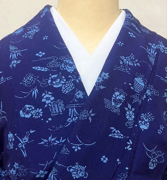 着物 藍染 付け下げ 訪問着 袷 正絹 広衿 スコッチガード加工 美品
