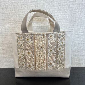 インド刺繍リボントートバッグ大人可愛い帆布