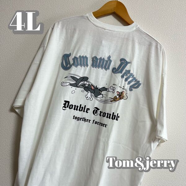【大きいサイズ】トムとジェリー デニムロゴTシャツ ホワイト メンズ 4L