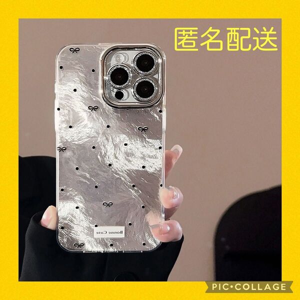 iPhone 15 スマホケース 韓国 シリコン おしゃれ 可愛い アイフォン カバー メタリック グレー リボン ドット