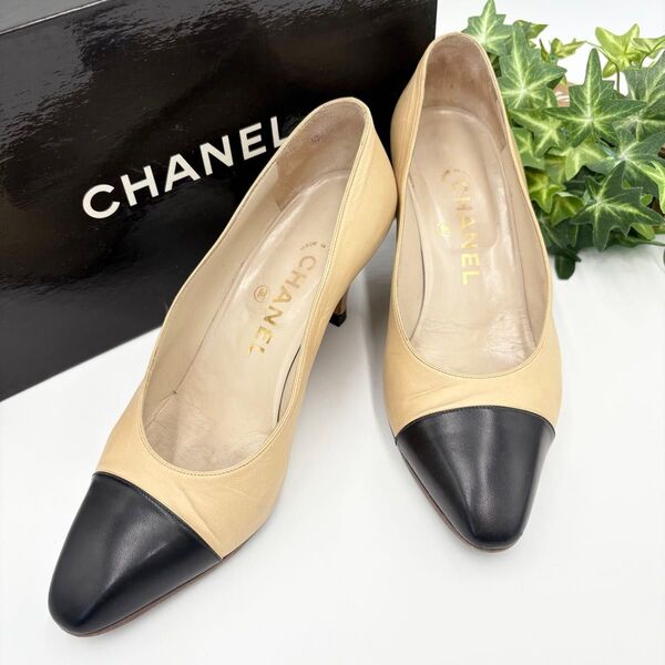 CHANEL シャネル パンプス ハイヒール レザー バイカラー トゥキャップ ベージュ&ブラック 箱付 35.5
