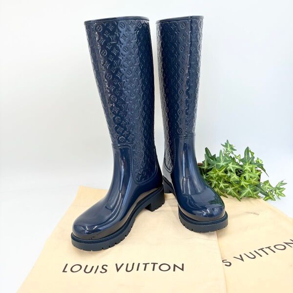 【超美品】LOUIS VUITTON ルイ ヴィトン レインロングブーツ スプラッシュライン モノグラム ダークネイビー 37