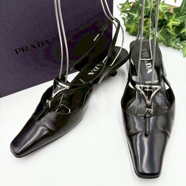 【希少】PRADA プラダ スリングバック バックストラップ レザー パンプス サンダル 三角ロゴプレート ブラック 黒 箱付