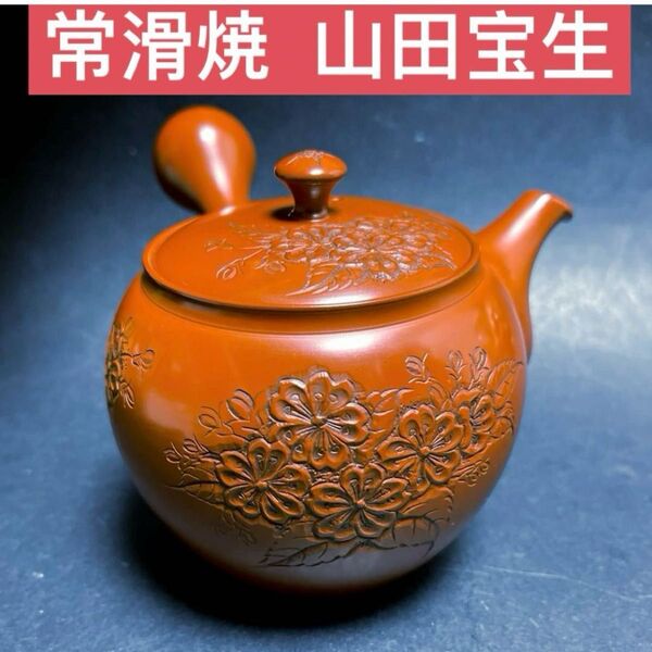 極上 常滑焼 名人 山田宝生 作 細密彫刻 花 急須 茶道具