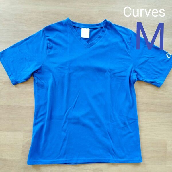*Curves*青*Tシャツ*Vネック*Mサイズ* Tシャツ 半袖 半袖Tシャツ M