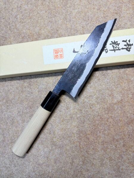 堺白鶴作 文化 包丁 黒打 青鋼 水牛角柄 16.5cm