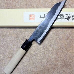 堺白鶴作 文化 包丁 黒打 青鋼 水牛角柄 18cm