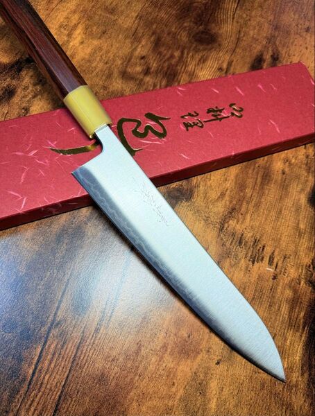 義弘作 和牛刀 包丁 8寸 青紙スーパー鋼 紫檀白水牛八角柄