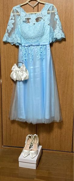パーティードレス 靴,バック3点セット 水色チュールワンピース 結婚式 二次会 発表会
