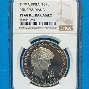 1999 イギリス ダイアナ追悼 5ポンド プルーフ銀貨 NGC PF68UC