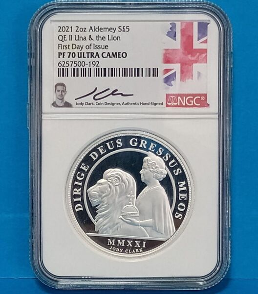 2021 エリザベス女王ウナとライオン2オンス 5ポンド プルーフ銀貨 NGC PF70UC FDI