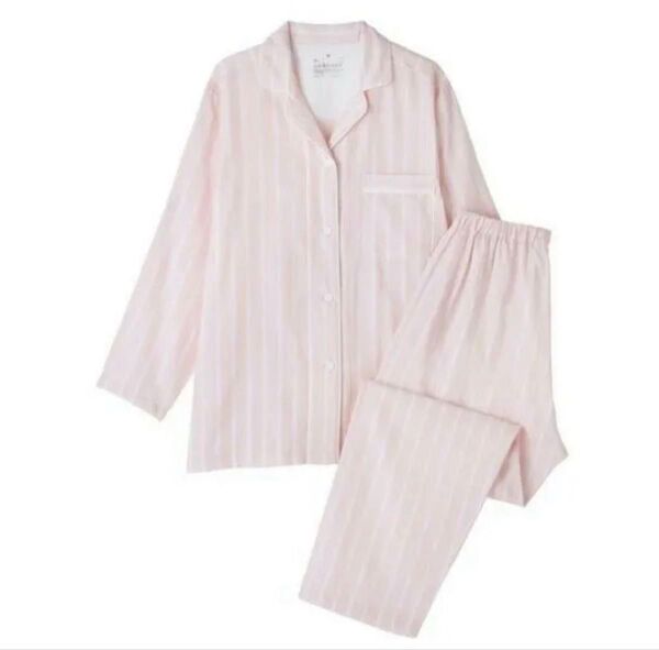 新品タグ付き★無印良品 脇に縫い目のない 薄手ガーゼ 七分袖パジャマ 2025年 ライトピンクストライプ Lサイズ 定価4990円