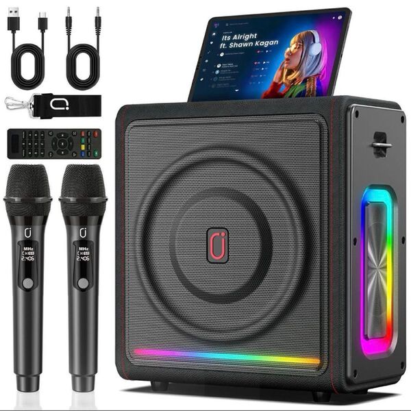 JYX カラオケスセット スピーカー ワイヤレスマイク2本Bluetooth 5.3 TWS機能 高低音強化機能 LEDライト